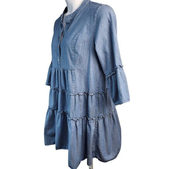 Peter Som Collective Size 14 Blue RTR Designer Tunic Dress Cotton Tiered Ruffles - Picture 2 of 16